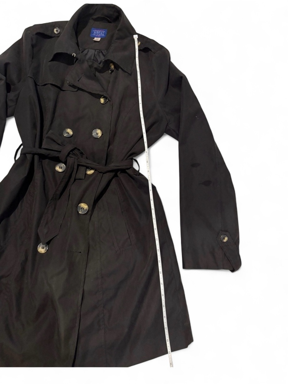 Simply Styled Black Double-Breasted Midi-Trench Coat SZ L - Picture 7 of 8